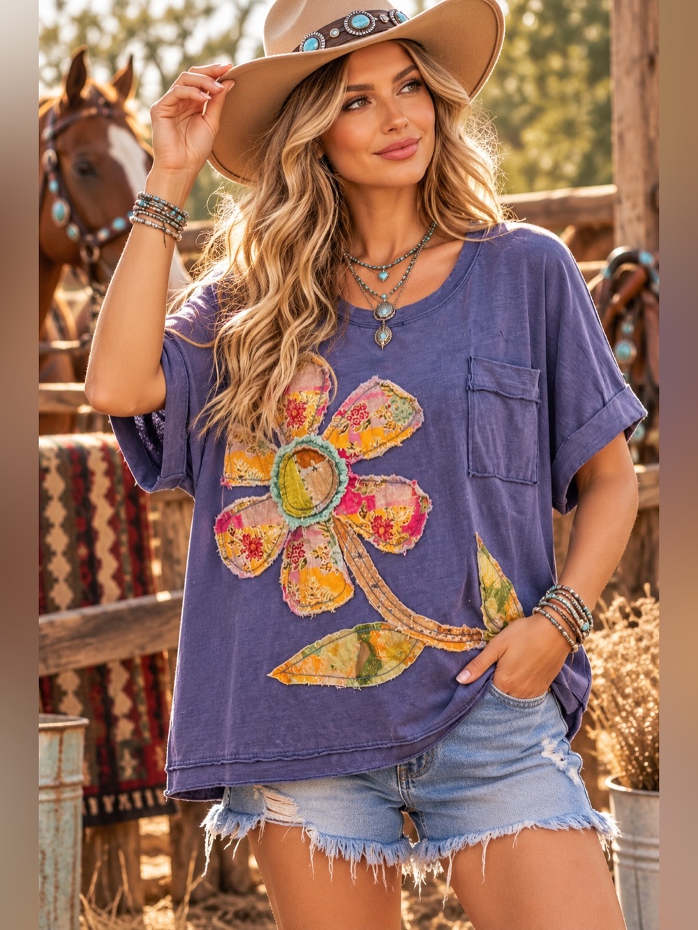 Bluevelvet Navy blue floral patchwork boho embroidered western tunic top shirt